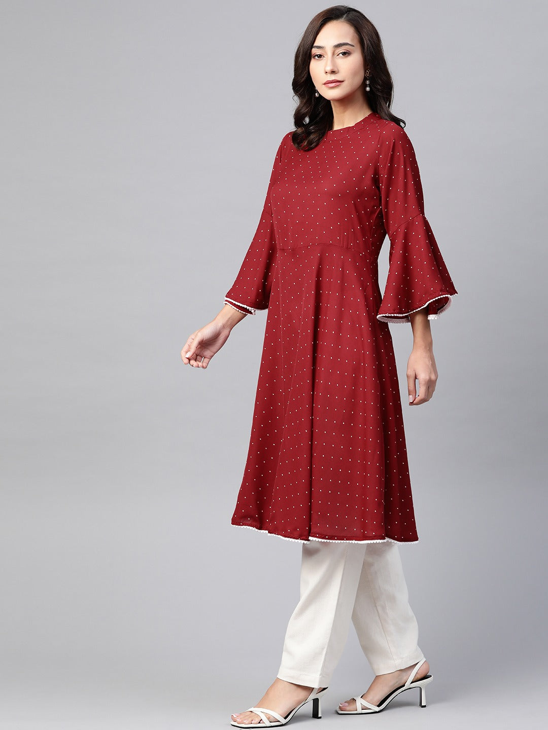 Jompers Women Maroon & White Polka Dots Print Bell Sleeves Anarkali Kurta | Grocsy