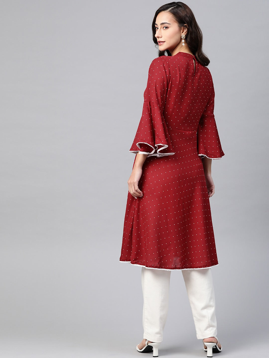 Jompers Women Maroon & White Polka Dots Print Bell Sleeves Anarkali Kurta | Grocsy