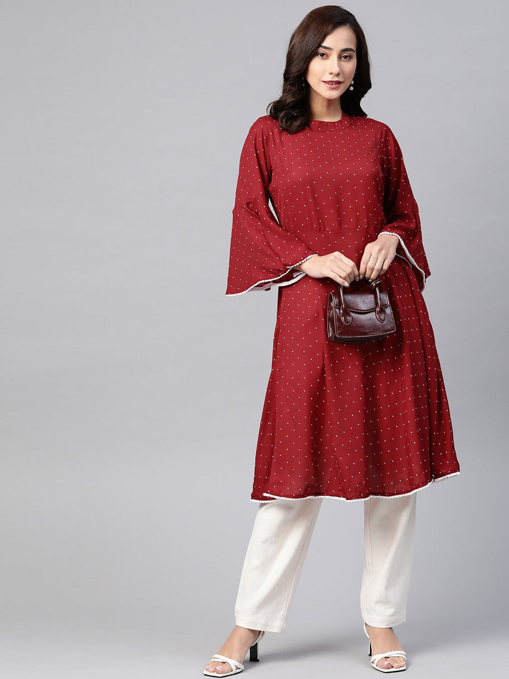 Jompers Women Maroon & White Polka Dots Print Bell Sleeves Anarkali Kurta | Grocsy