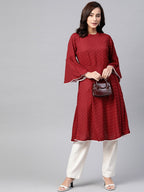 Jompers Women Maroon & White Polka Dots Print Bell Sleeves Anarkali Kurta | Grocsy