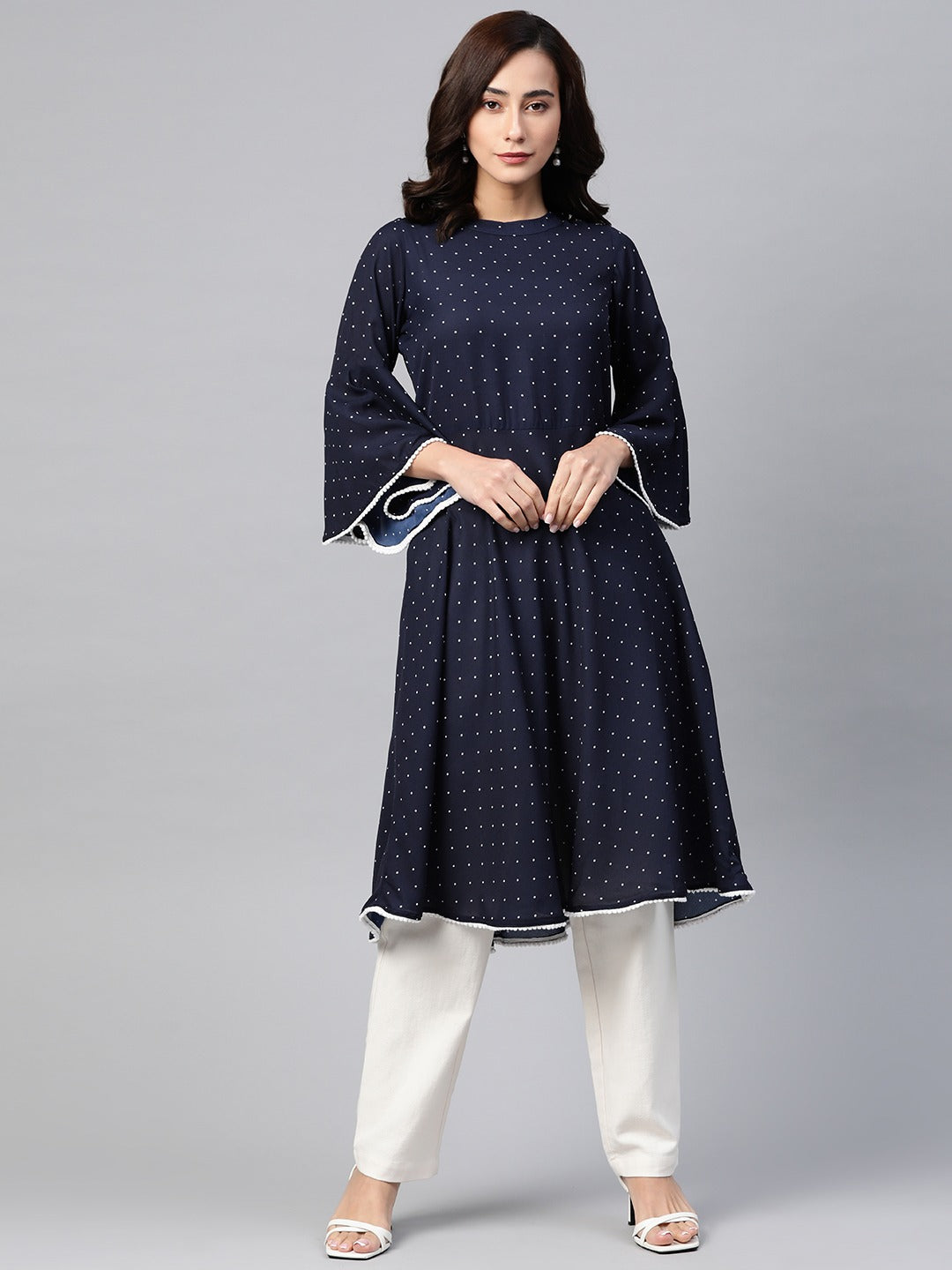 Jompers Women Navy Blue & White Polka Dots Print Bell Sleeves Anarkali Kurta | Grocsy