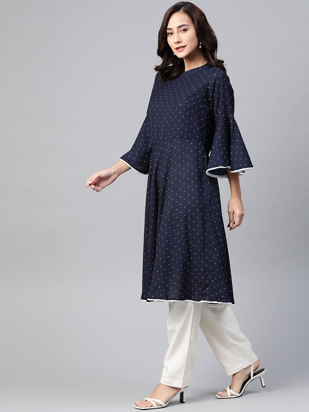 Jompers Women Navy Blue & White Polka Dots Print Bell Sleeves Anarkali Kurta | Grocsy