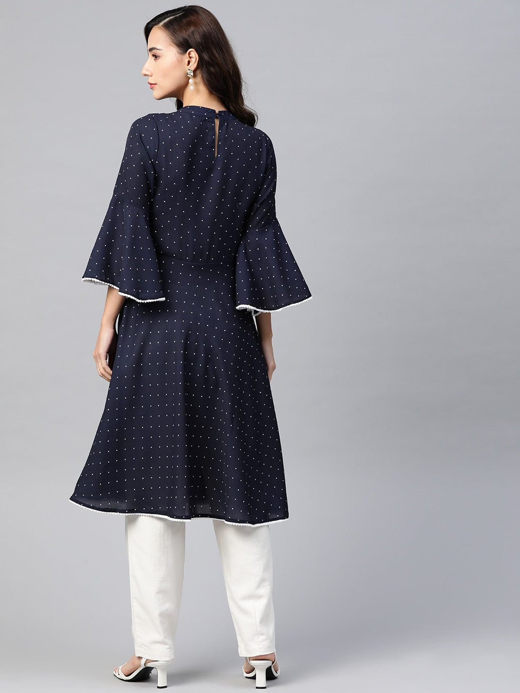Jompers Women Navy Blue & White Polka Dots Print Bell Sleeves Anarkali Kurta | Grocsy