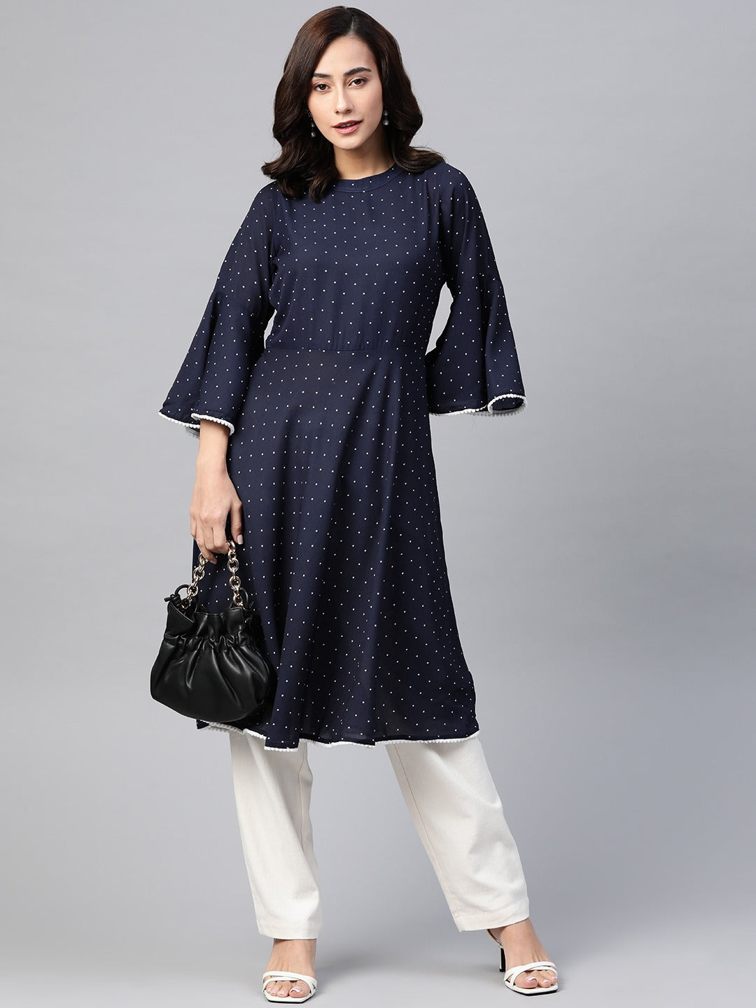 Jompers Women Navy Blue & White Polka Dots Print Bell Sleeves Anarkali Kurta | Grocsy