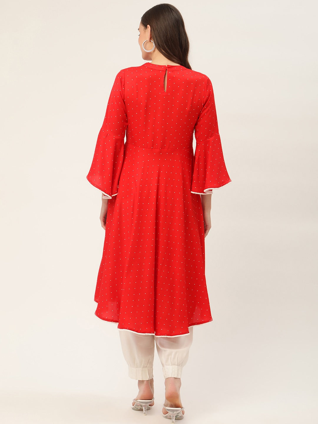 Jompers Women Flared Sleeves, Pom-Pom Lace Flared Kurta (Red) | Grocsy