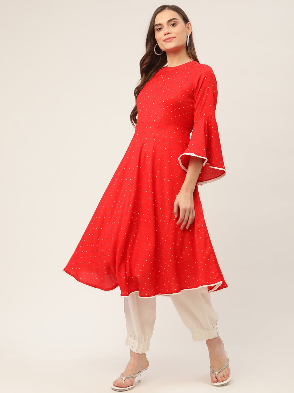 Jompers Women Flared Sleeves, Pom-Pom Lace Flared Kurta (Red) | Grocsy