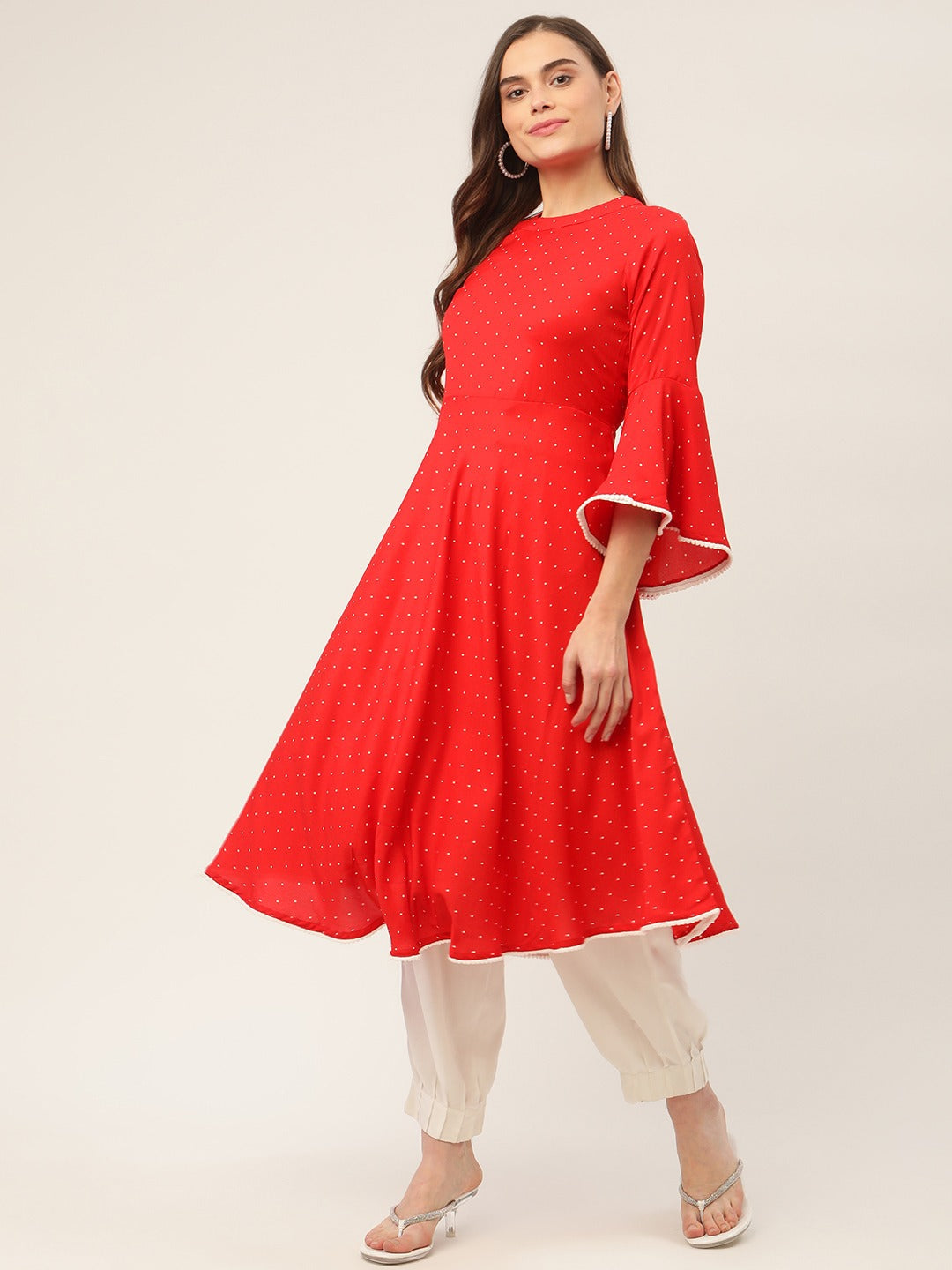 Jompers Women Flared Sleeves, Pom-Pom Lace Flared Kurta (Red) | Grocsy