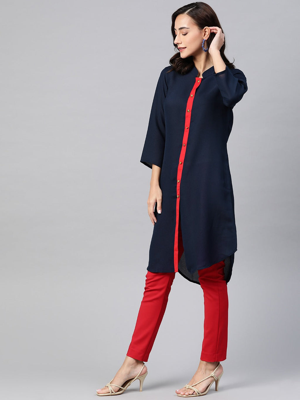 Jompers Women Navy Blue & Red Solid A-line Kurta | Grocsy