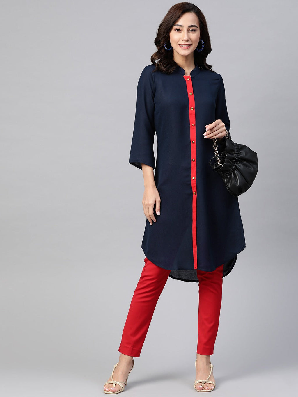 Jompers Women Navy Blue & Red Solid A-line Kurta | Grocsy
