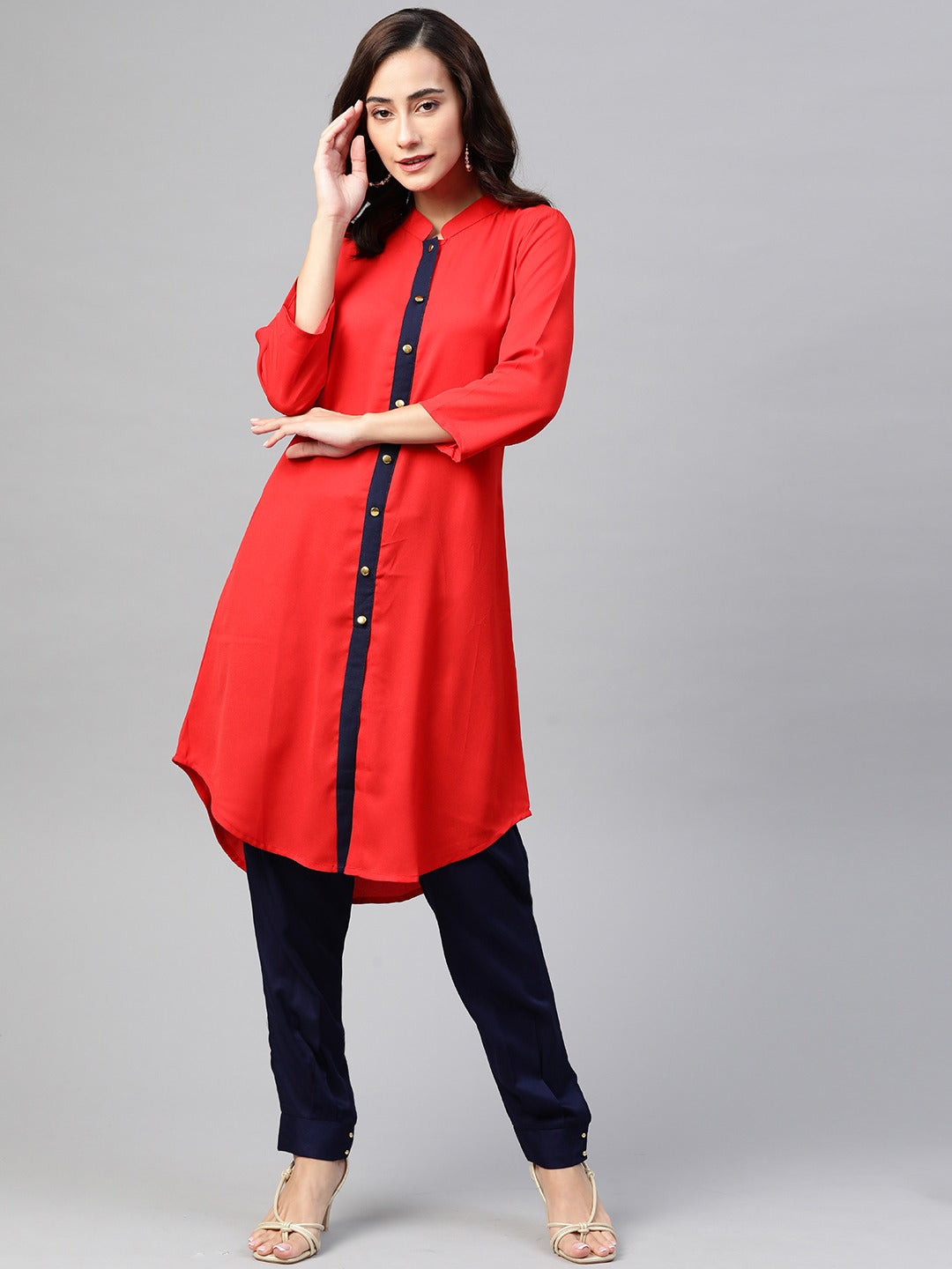 Jompers Women Red & Navy Blue Solid A-line Kurta | Grocsy