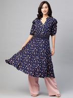 Jompers Women Navy Blue & Pink Floral Printed Floral Anarkali Kurta | Grocsy