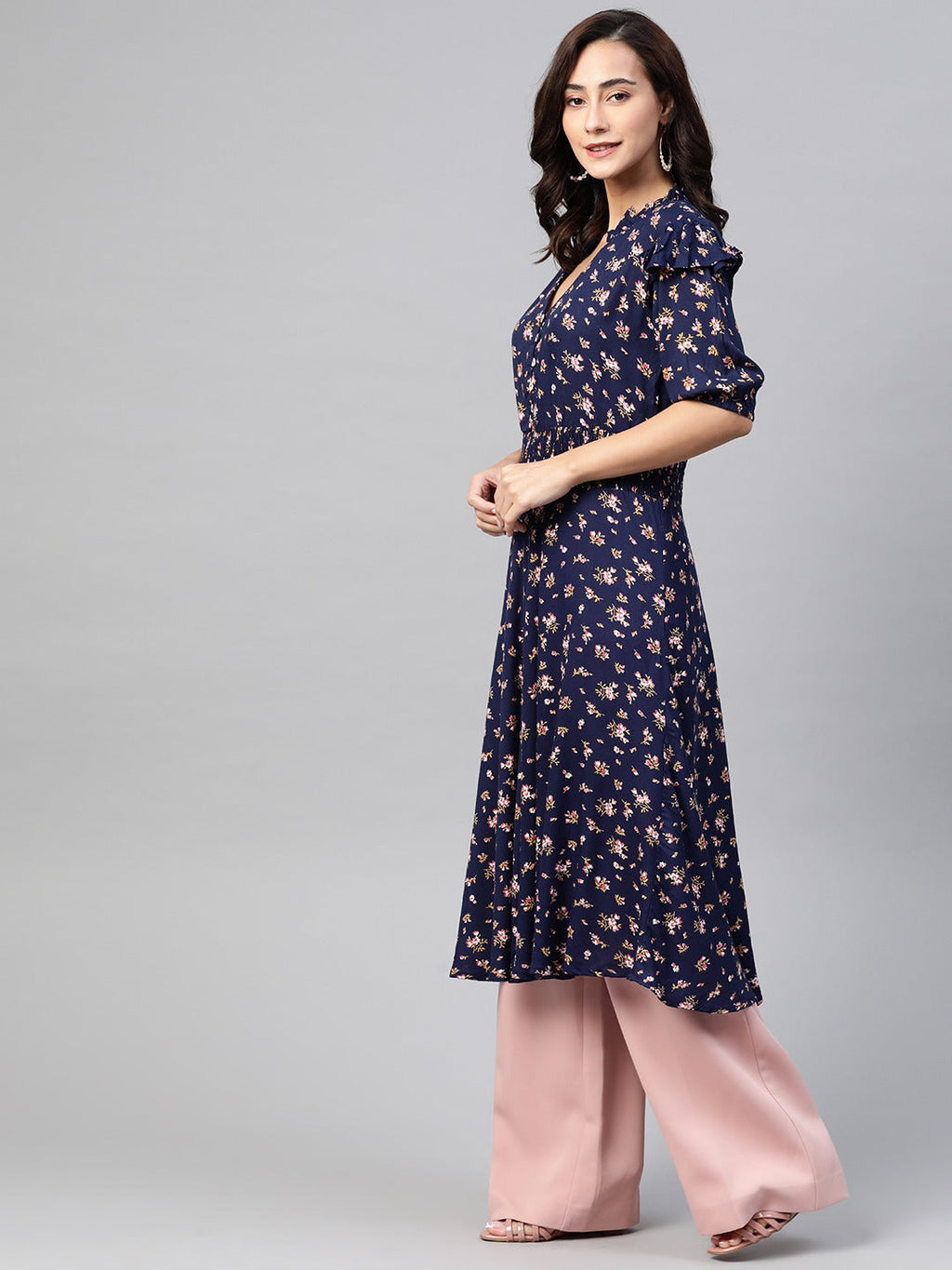 Jompers Women Navy Blue & Pink Floral Printed Floral Anarkali Kurta | Grocsy