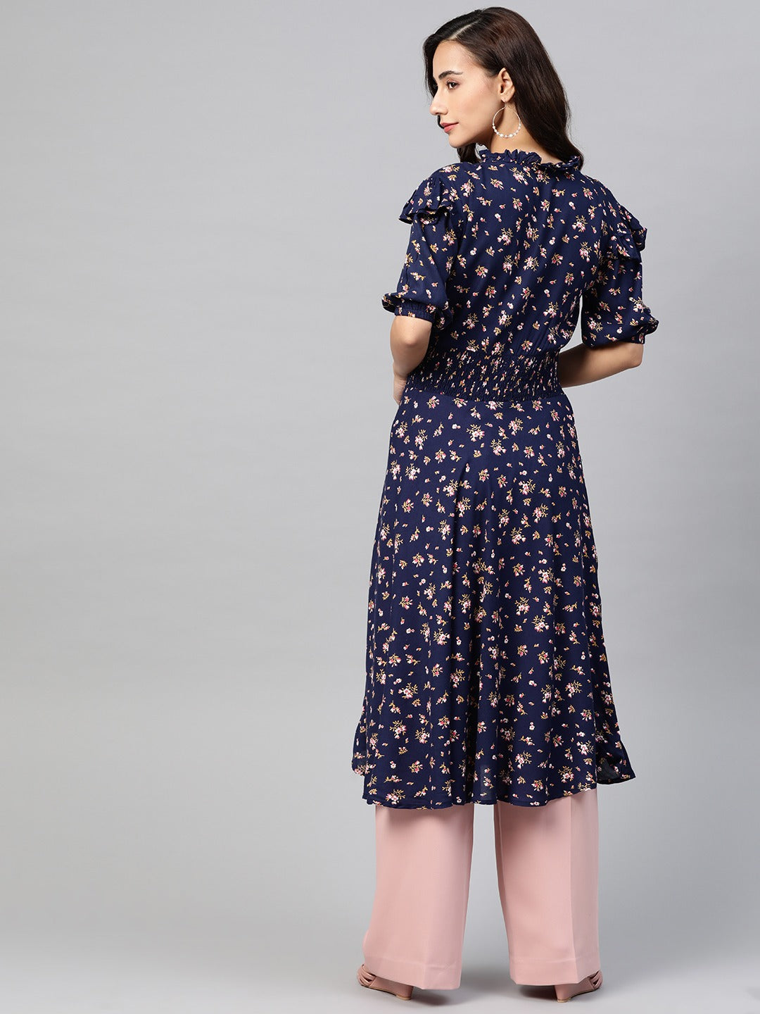Jompers Women Navy Blue & Pink Floral Printed Floral Anarkali Kurta | Grocsy