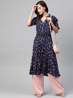 Jompers Women Navy Blue & Pink Floral Printed Floral Anarkali Kurta | Grocsy