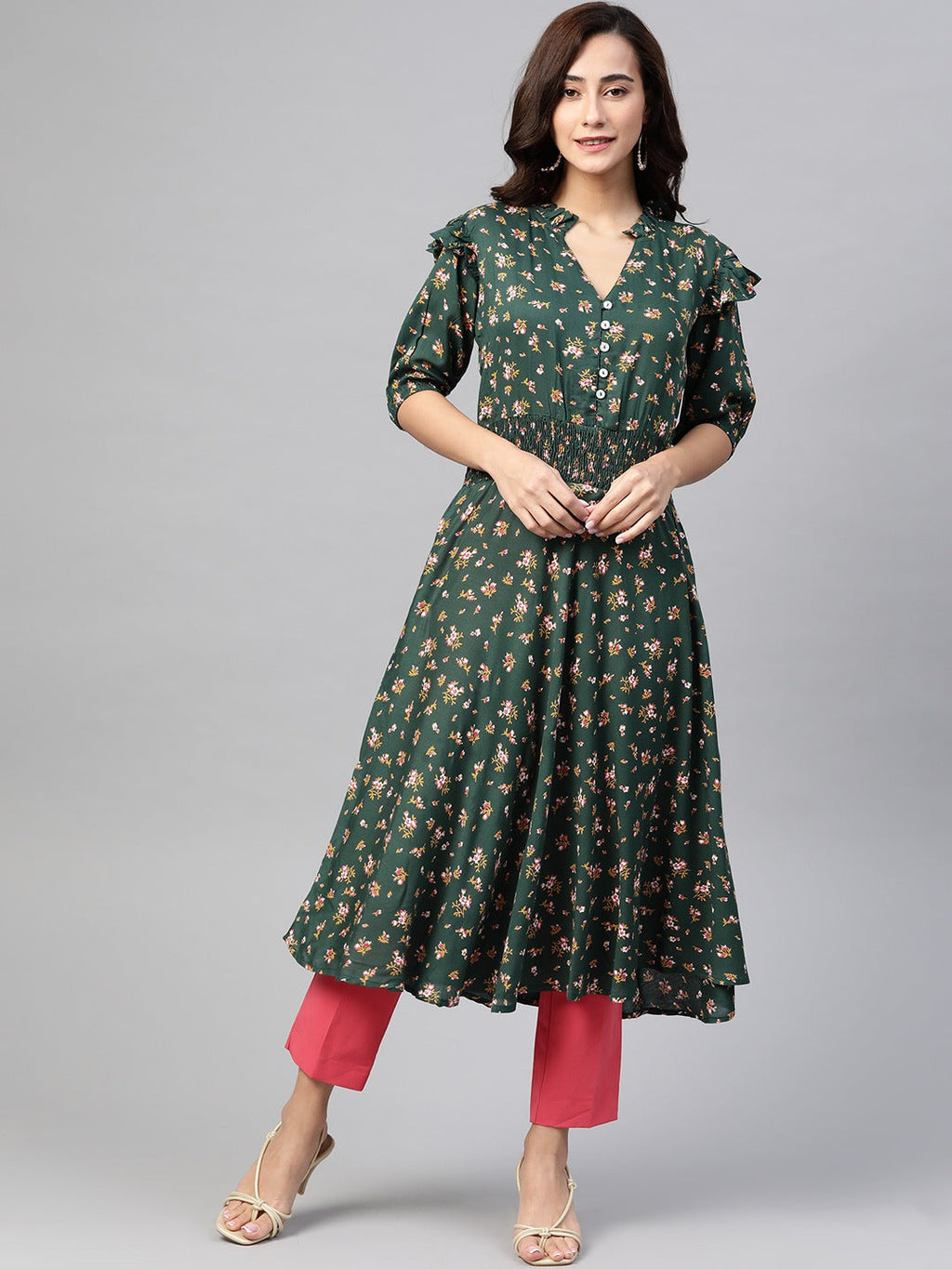 Jompers Women Green & Pink Floral Printed Floral Anarkali Kurta | Grocsy