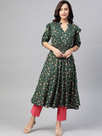 Jompers Women Green & Pink Floral Printed Floral Anarkali Kurta | Grocsy