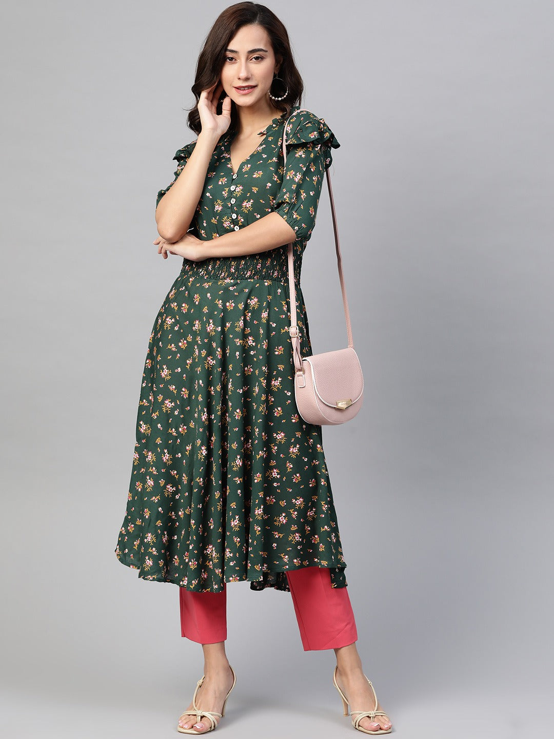 Jompers Women Green & Pink Floral Printed Floral Anarkali Kurta | Grocsy