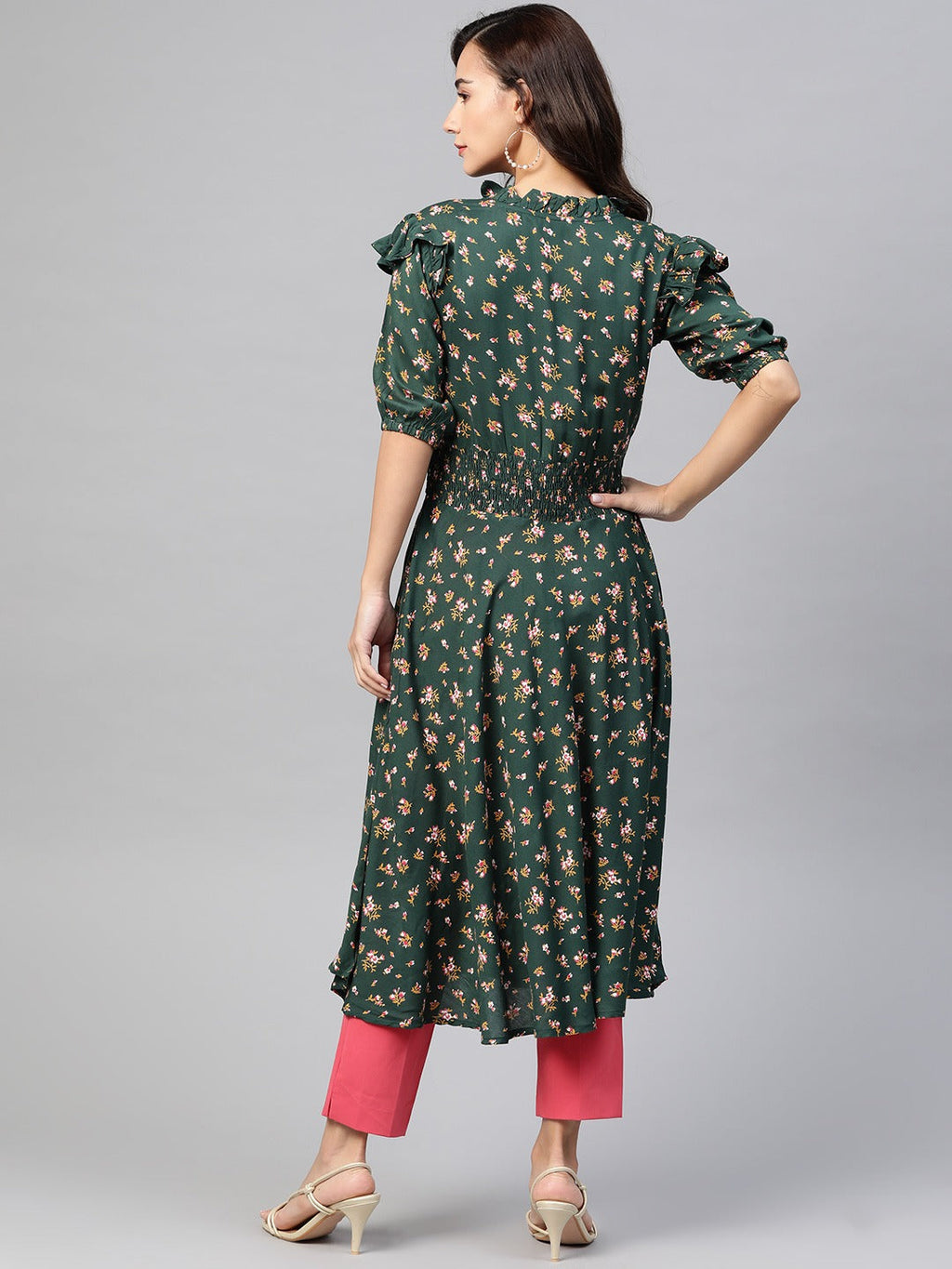 Jompers Women Green & Pink Floral Printed Floral Anarkali Kurta | Grocsy