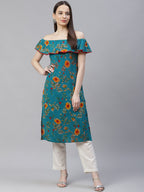 Jompers Women Rama-Green & Yellow Floral Printed Straight Kurta | Grocsy