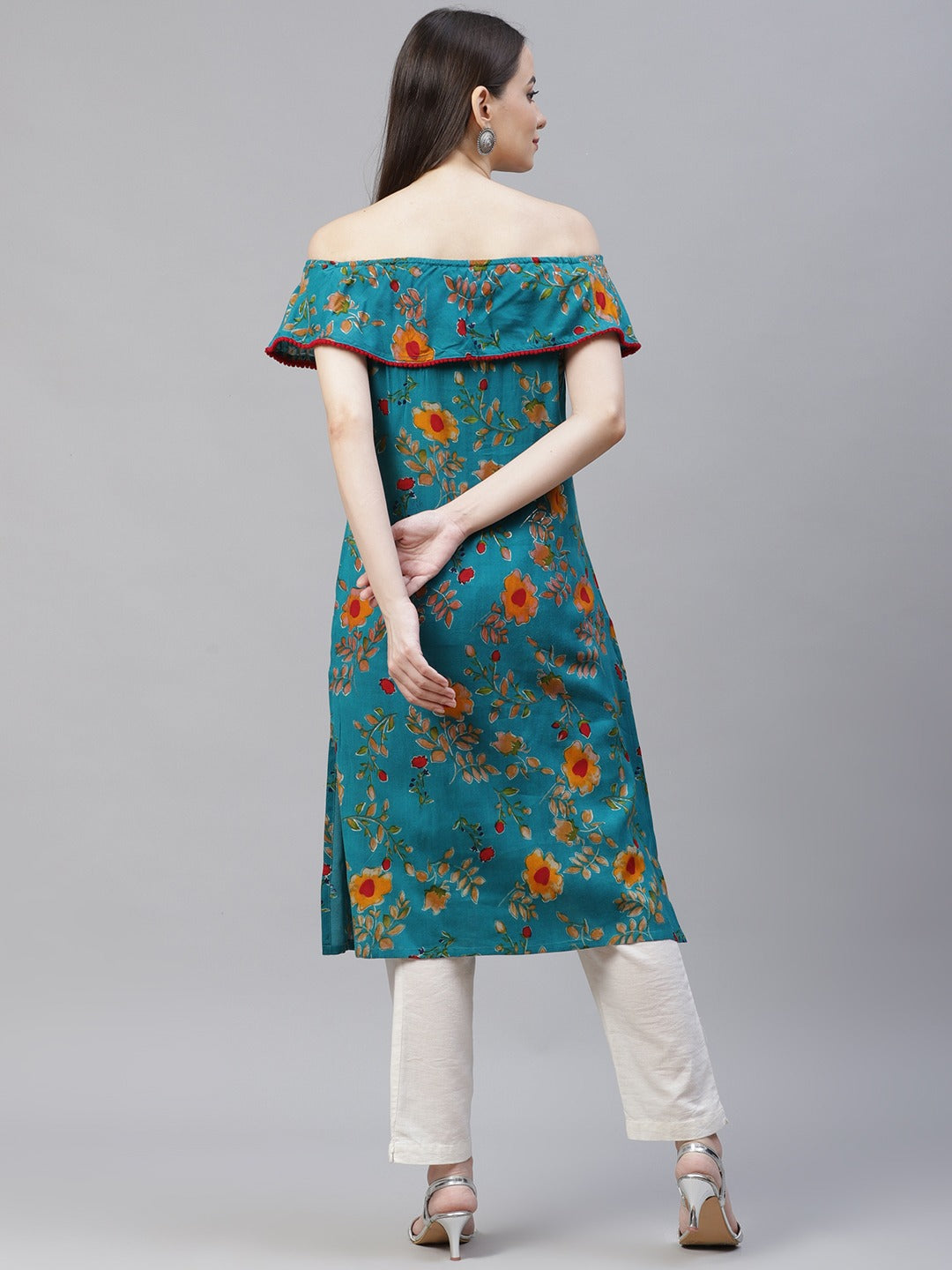 Jompers Women Rama-Green & Yellow Floral Printed Straight Kurta | Grocsy