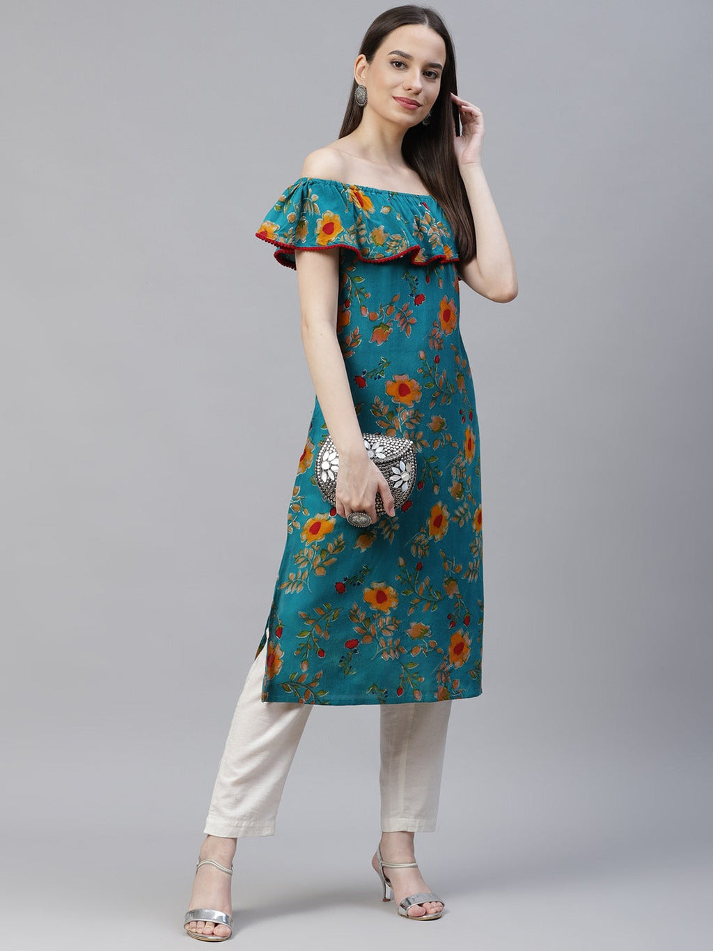 Jompers Women Rama-Green & Yellow Floral Printed Straight Kurta | Grocsy