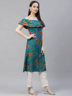 Jompers Women Rama-Green & Yellow Floral Printed Straight Kurta | Grocsy