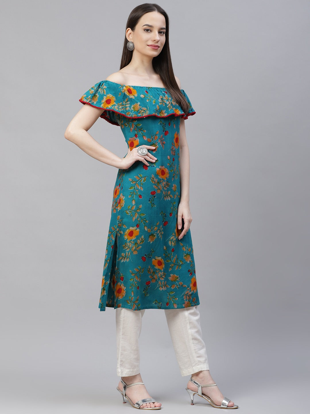 Jompers Women Rama-Green & Yellow Floral Printed Straight Kurta | Grocsy