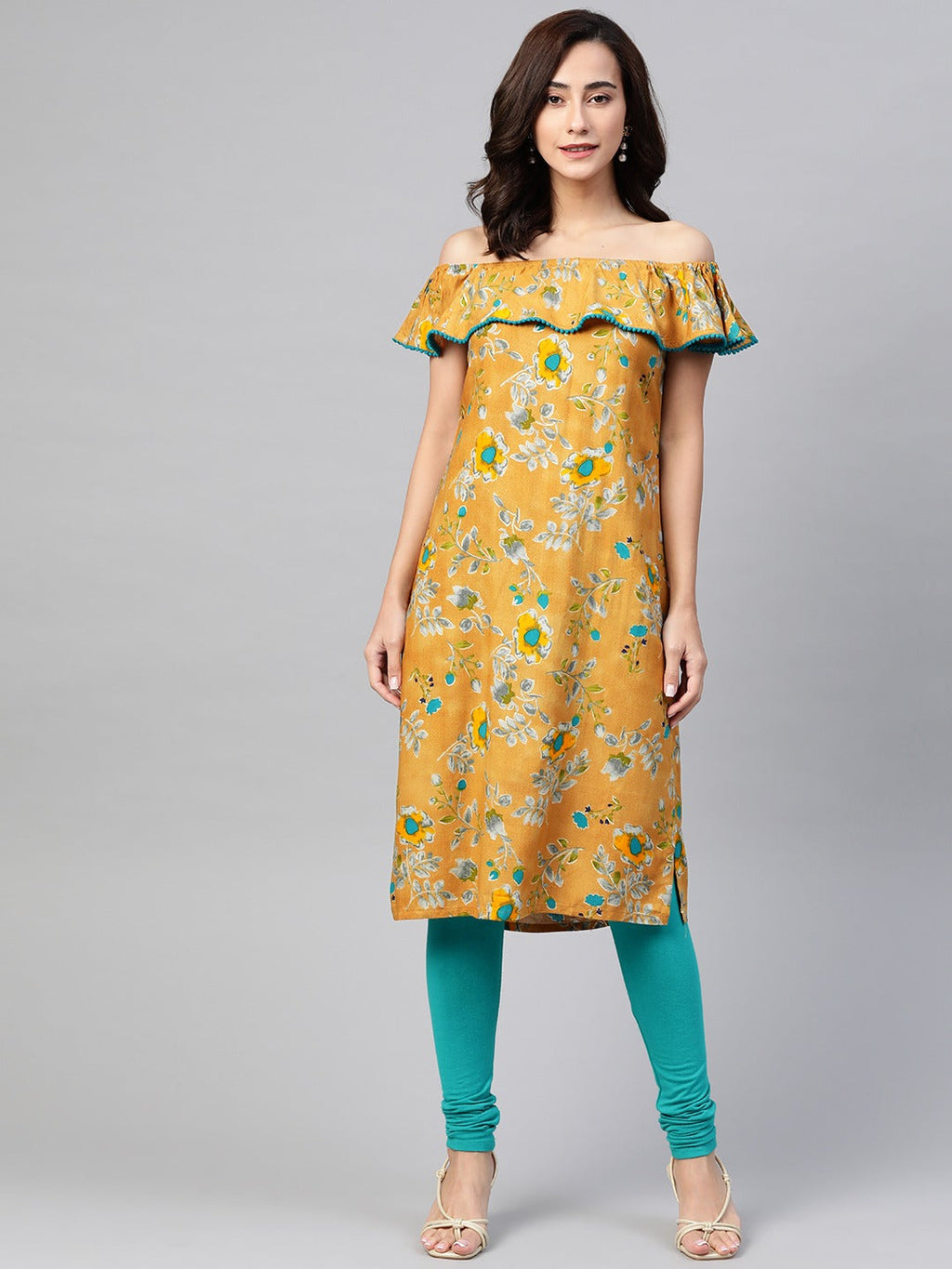 Jompers Women Mustard Yellow & Teal Blue Floral Printed Straight Kurta | Grocsy
