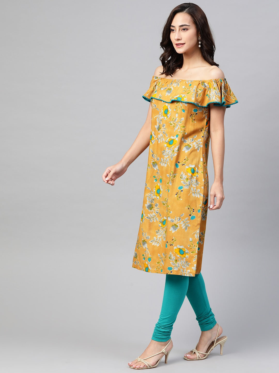 Jompers Women Mustard Yellow & Teal Blue Floral Printed Straight Kurta | Grocsy