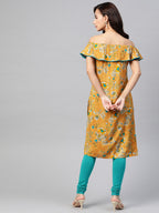 Jompers Women Mustard Yellow & Teal Blue Floral Printed Straight Kurta | Grocsy