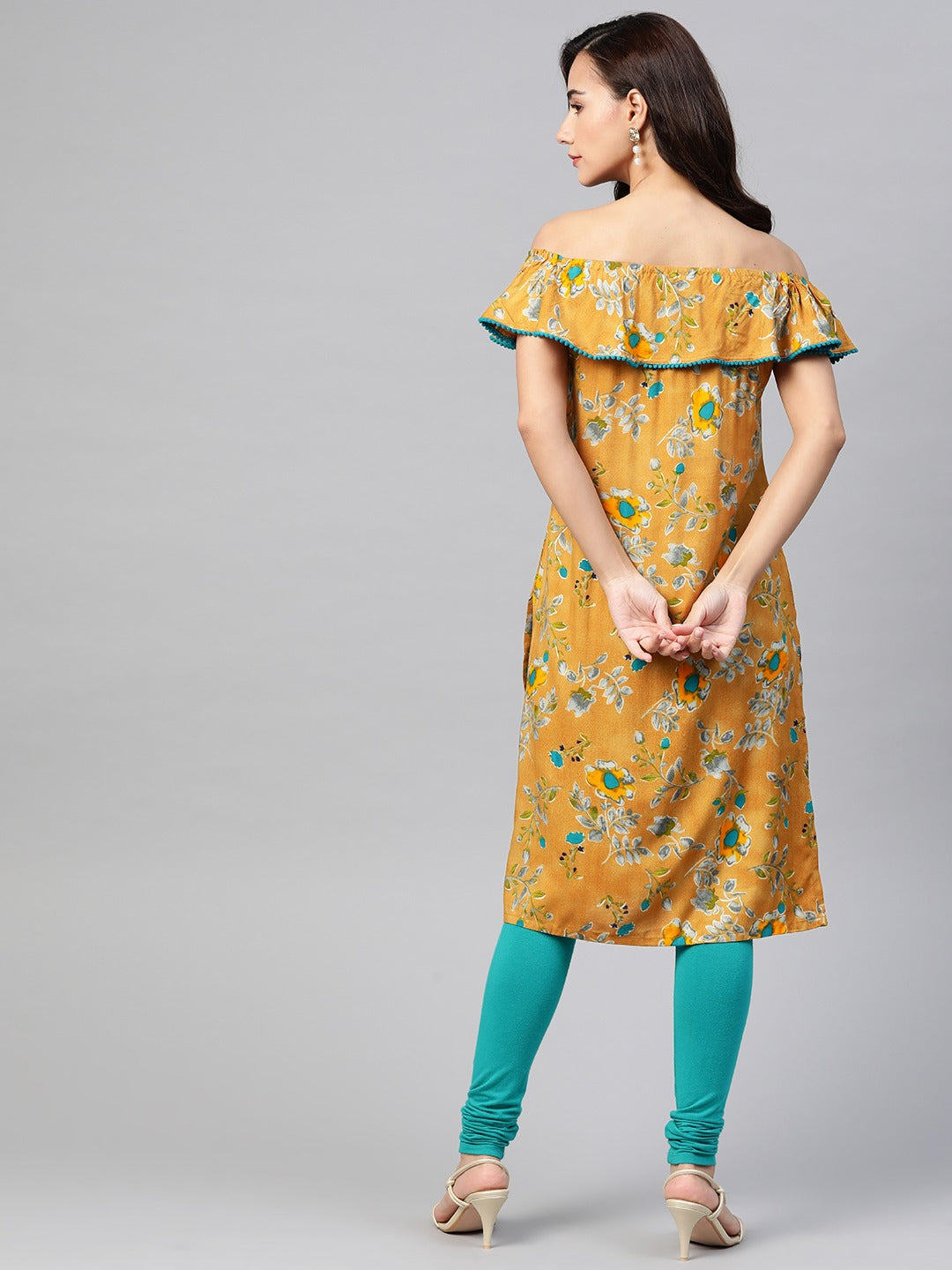 Jompers Women Mustard Yellow & Teal Blue Floral Printed Straight Kurta | Grocsy