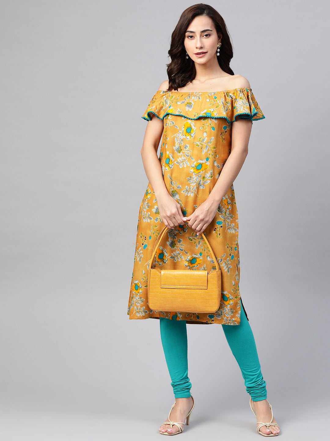 Jompers Women Mustard Yellow & Teal Blue Floral Printed Straight Kurta | Grocsy