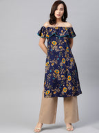 Jompers Women Navy Blue & Yellow Floral Printed Straight Kurta | Grocsy