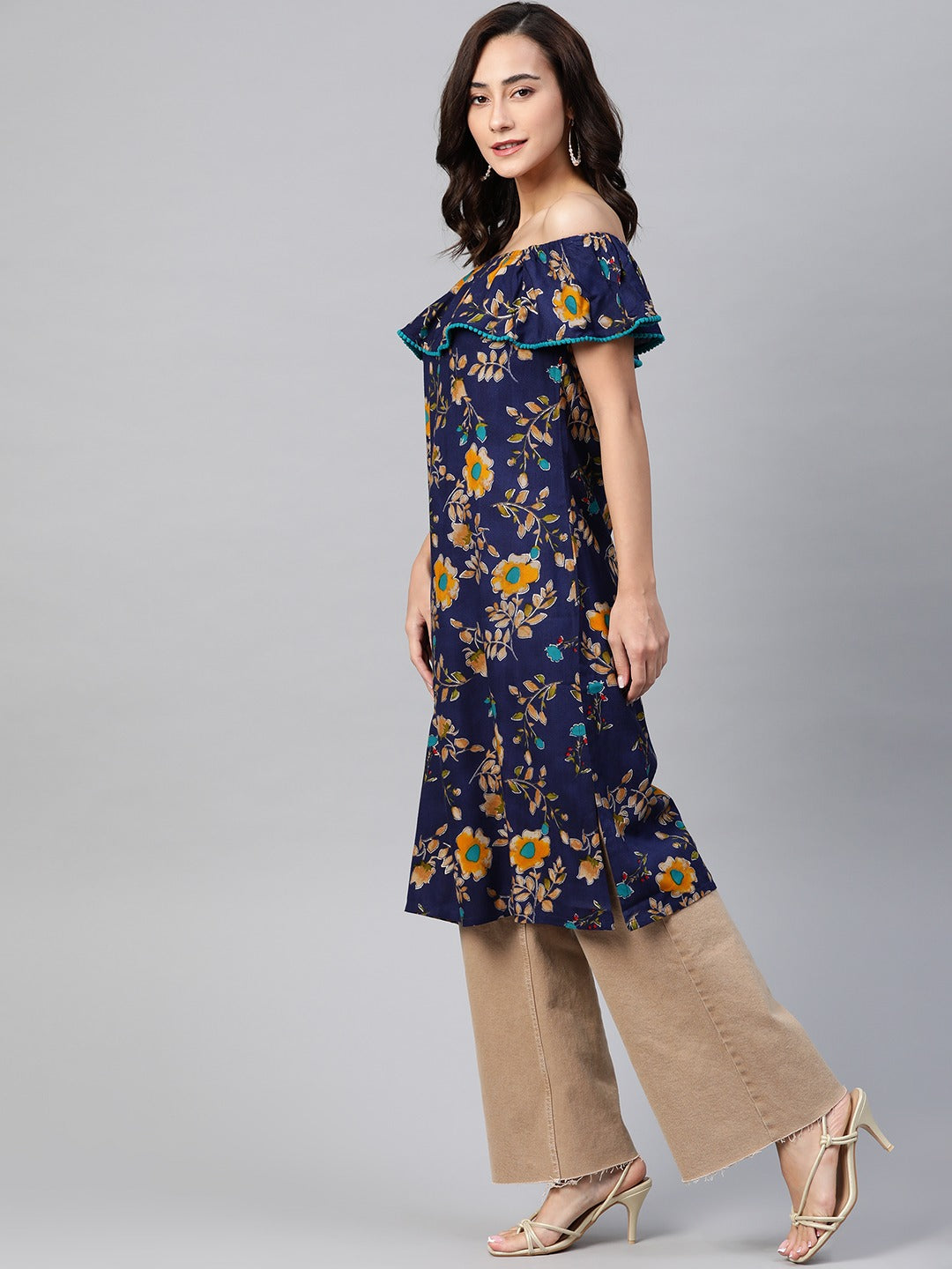 Jompers Women Navy Blue & Yellow Floral Printed Straight Kurta | Grocsy