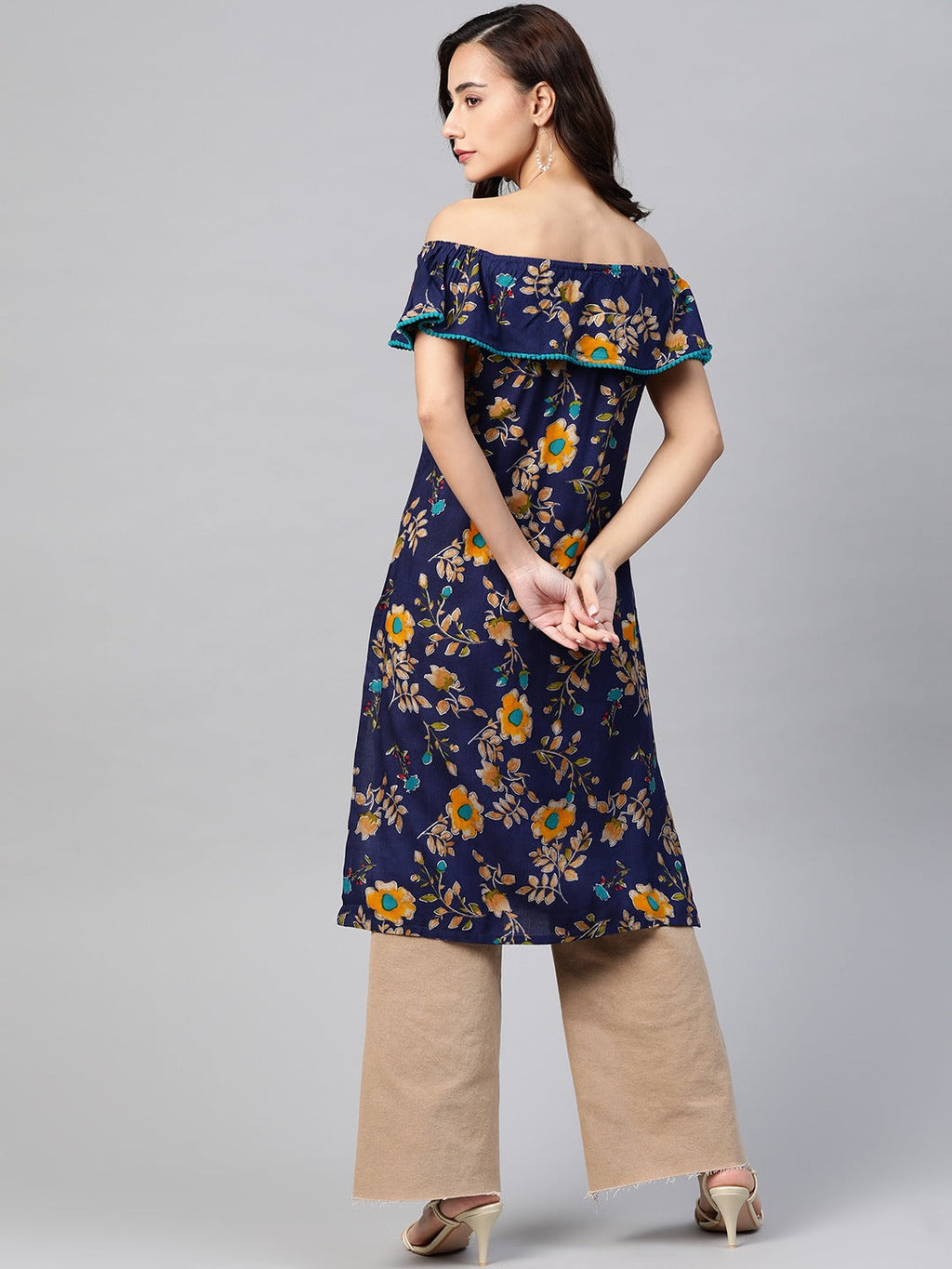 Jompers Women Navy Blue & Yellow Floral Printed Straight Kurta | Grocsy