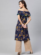 Jompers Women Navy Blue & Yellow Floral Printed Straight Kurta | Grocsy