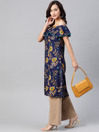 Jompers Women Navy Blue & Yellow Floral Printed Straight Kurta | Grocsy