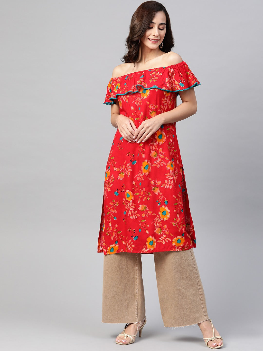 Jompers Women Red & Yellow Floral Printed Straight Kurta | Grocsy
