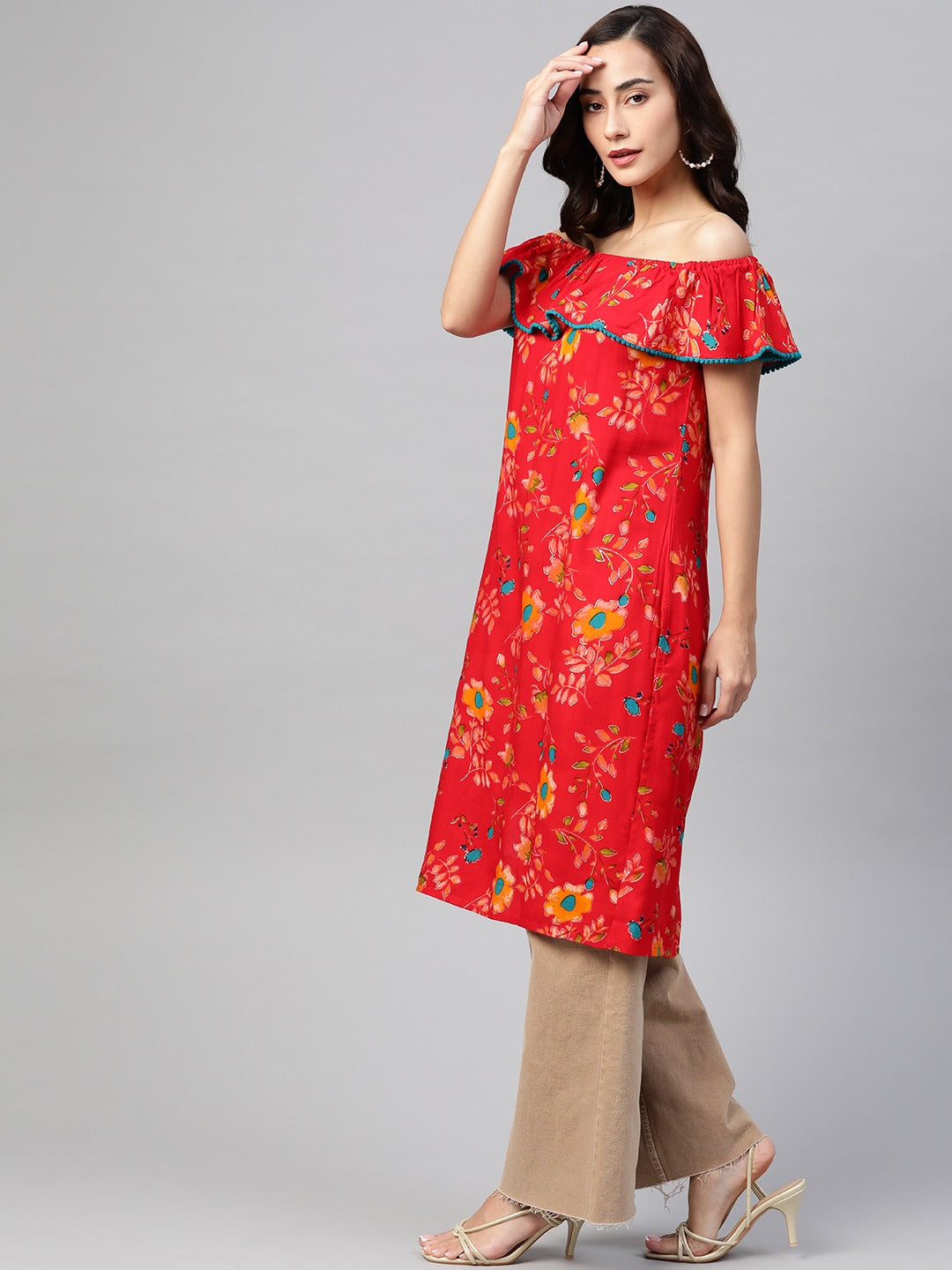Jompers Women Red & Yellow Floral Printed Straight Kurta | Grocsy