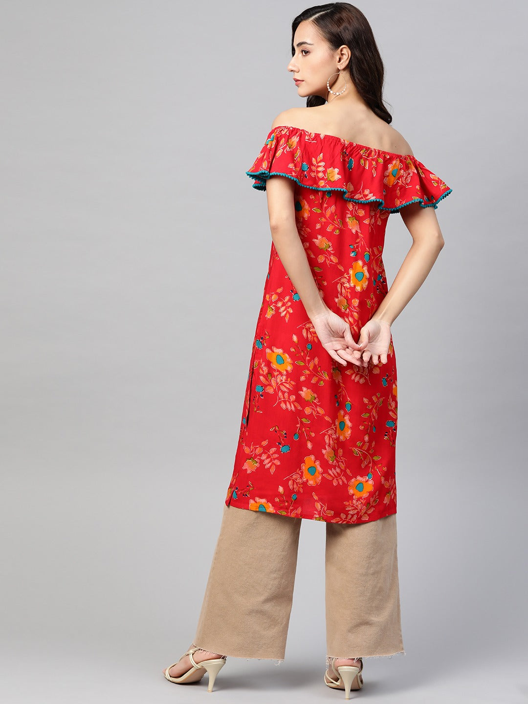 Jompers Women Red & Yellow Floral Printed Straight Kurta | Grocsy