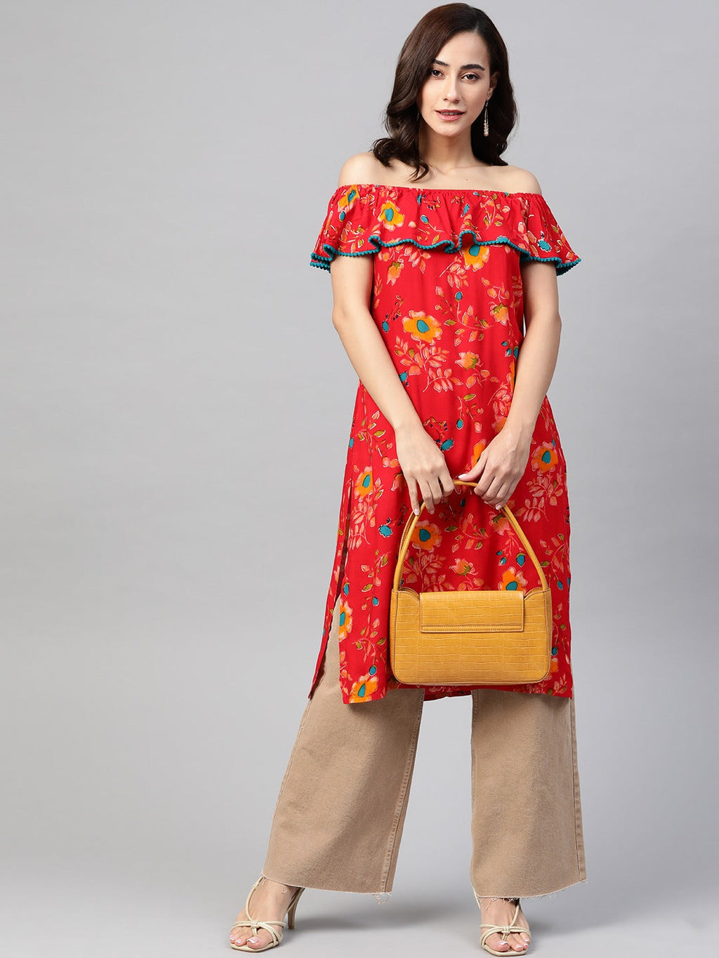 Jompers Women Red & Yellow Floral Printed Straight Kurta | Grocsy