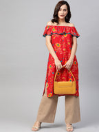 Jompers Women Red & Yellow Floral Printed Straight Kurta | Grocsy