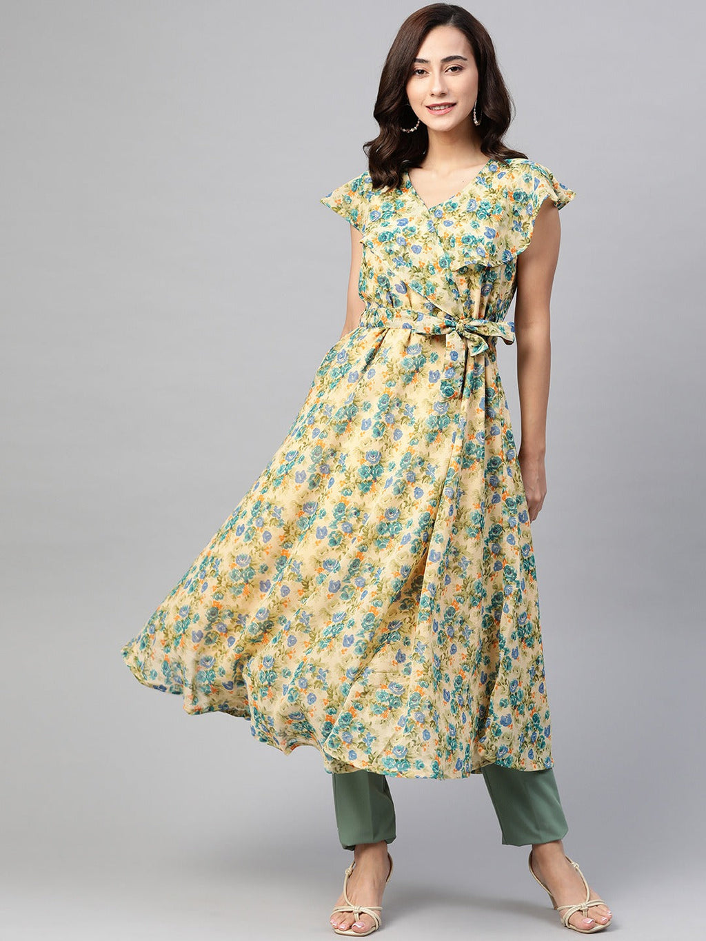 Jompers Women Beige, Blue & Green Floral Printed Georgette Kurta | Grocsy