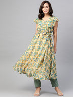 Jompers Women Beige, Blue & Green Floral Printed Georgette Kurta | Grocsy