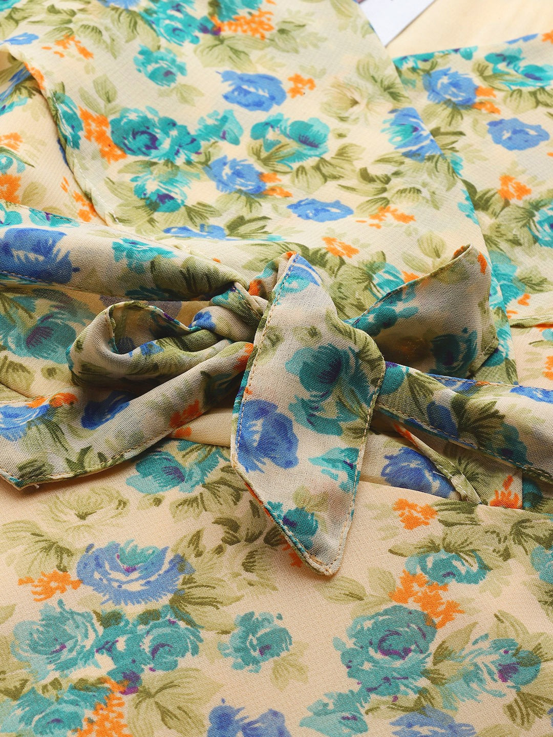 Jompers Women Beige, Blue & Green Floral Printed Georgette Kurta | Grocsy