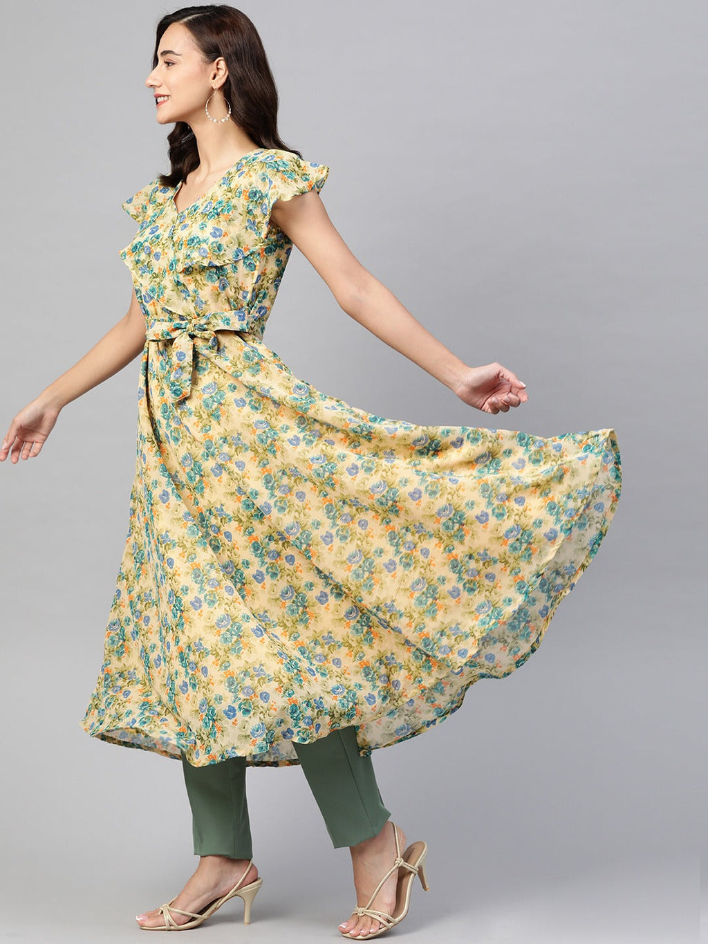 Jompers Women Beige, Blue & Green Floral Printed Georgette Kurta | Grocsy