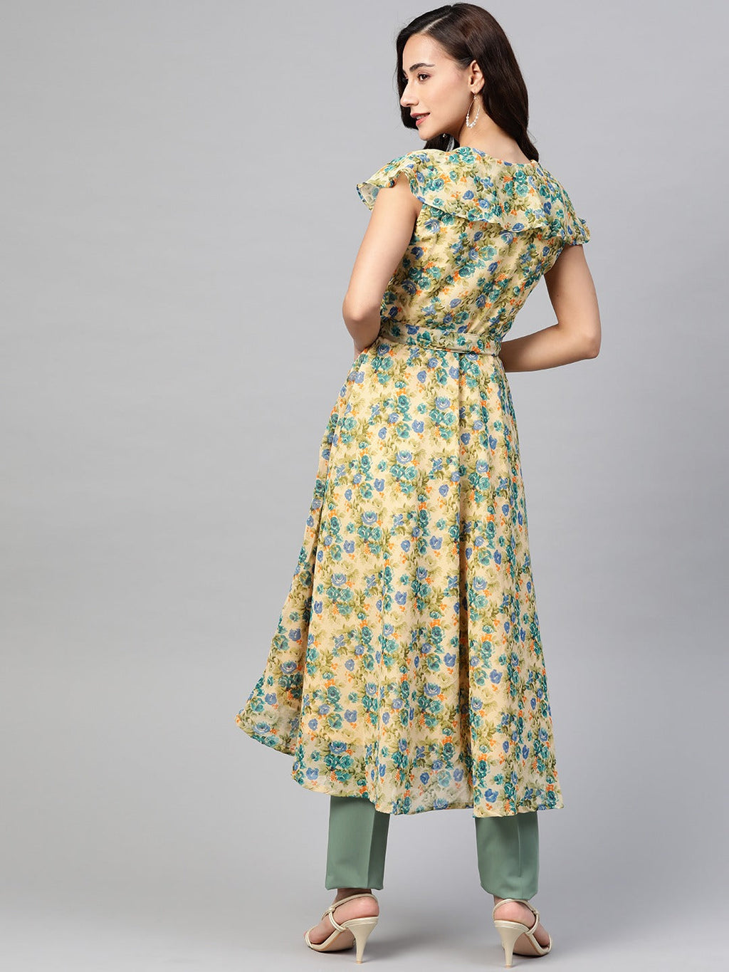 Jompers Women Beige, Blue & Green Floral Printed Georgette Kurta | Grocsy