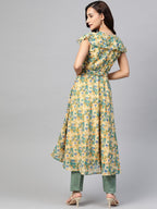 Jompers Women Beige, Blue & Green Floral Printed Georgette Kurta | Grocsy