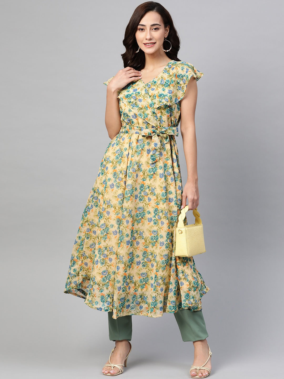 Jompers Women Beige, Blue & Green Floral Printed Georgette Kurta | Grocsy