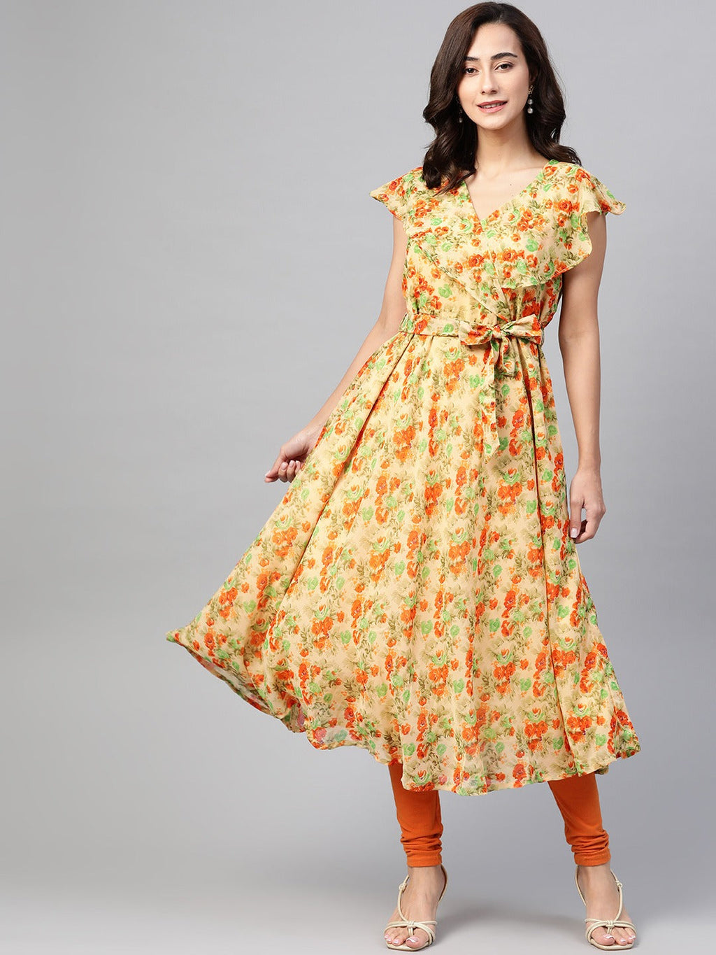 Jompers Women Beige, Orange & Green Floral Printed Georgette Kurta | Grocsy